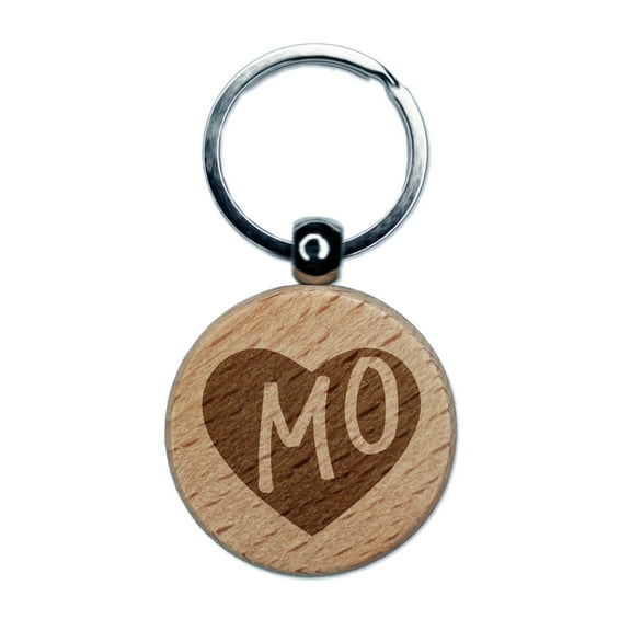 MO Missouri State in Heart Round Keychain Charm Tag - Engraved Wood