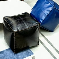 Black Leather Outdoor Ottoman Cover - Moroccan Style Square Pouf for Living Room, Balcony, and Office - 17.7" Unstuffed Pouffe Ottomans
