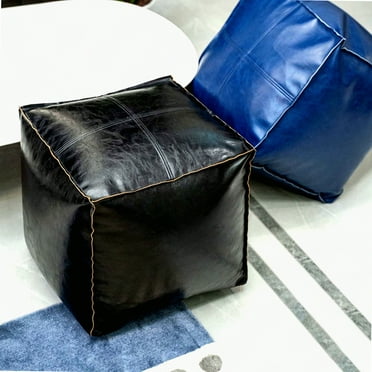 Black Leather Outdoor Ottoman Cover - Moroccan Style Square Pouf for Living Room, Balcony, and Office - 17.7" Unstuffed Pouffe Ottomans