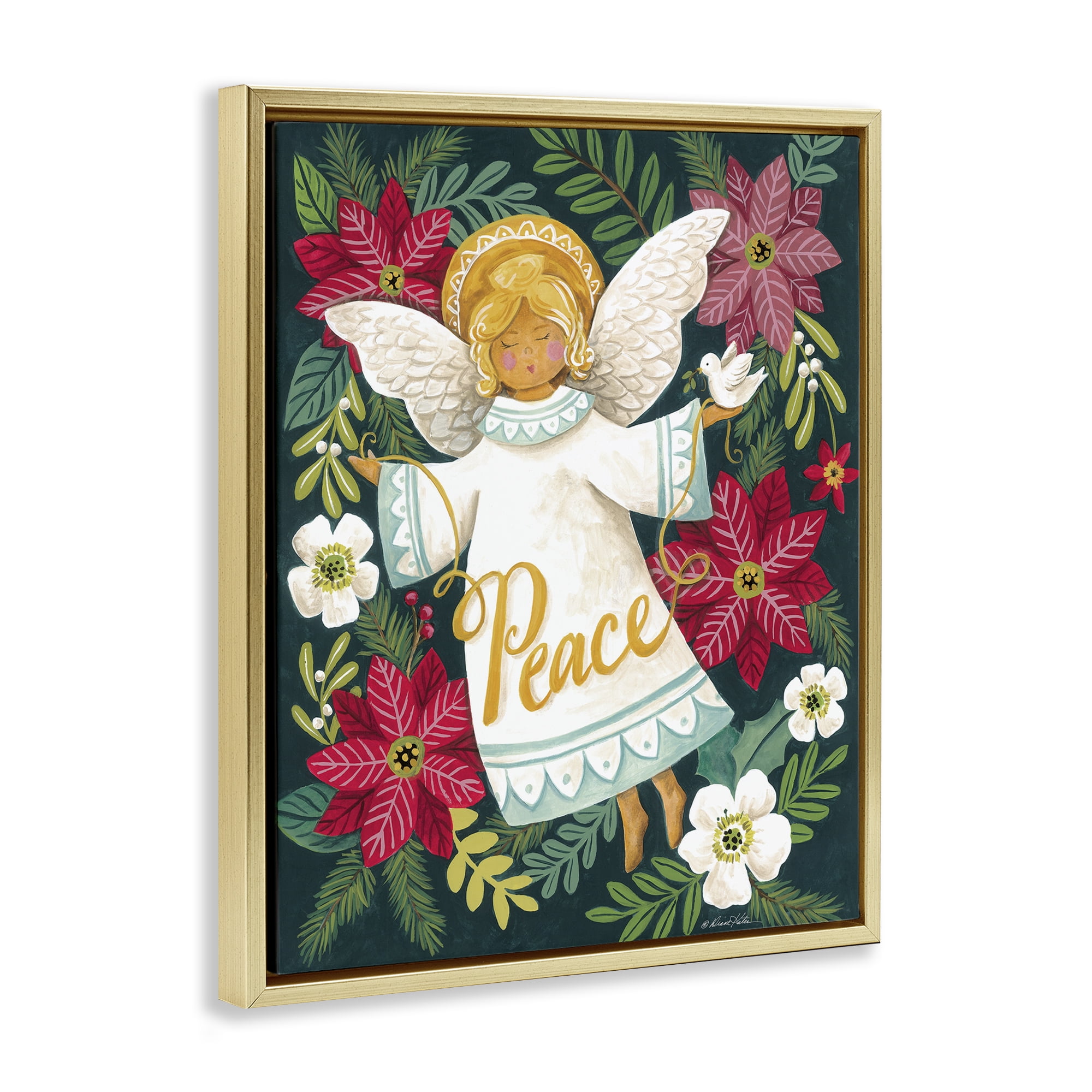 Angel with Peace & Botanicals Gold Framed Floater Canvas Wall Art, design by Diane Kater