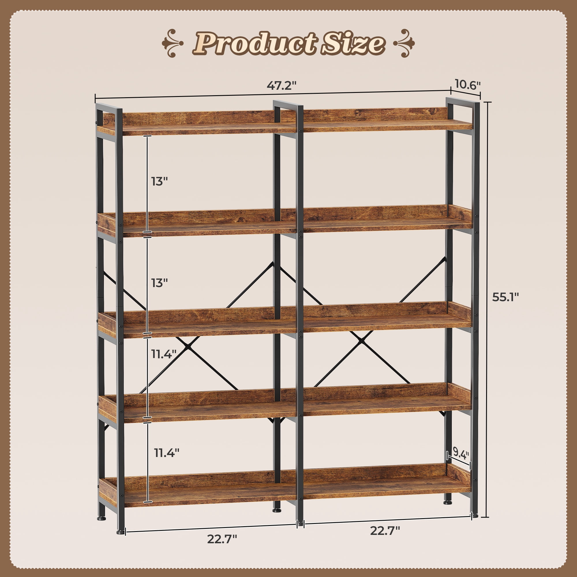 Amadwell 5-Tier Bookshelf with 10 Open Shelves, 47" Freestanding Bookcase, Sturdy Metal Frame, for Living Room, Brown