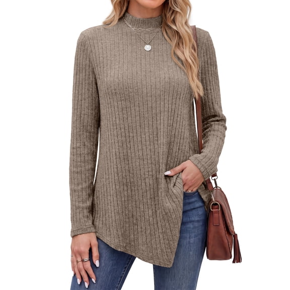 Fantaslook Mock Turtleneck Sweaters for Women Dressy Long Sleeve Pullover Fall Tunic Tops Asymmetrical Hem Soft Sweaters