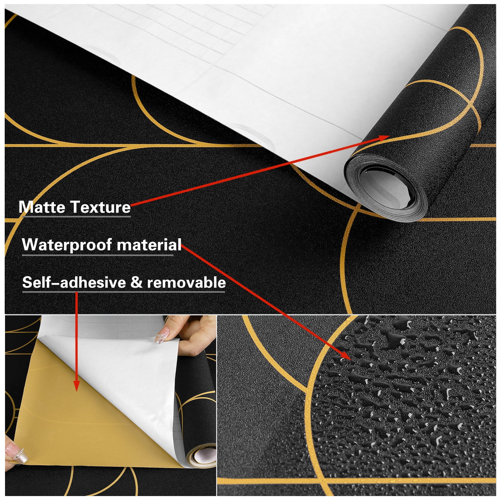UMIGGEE 17.7-in x 511-in Black Stripe Wallpaper Peel and Stick Wallpaper Contact Paper Geometric Black and Gold Removable Paper Self Adhesive Home Decor Wall Covering Old Furniture Renovation