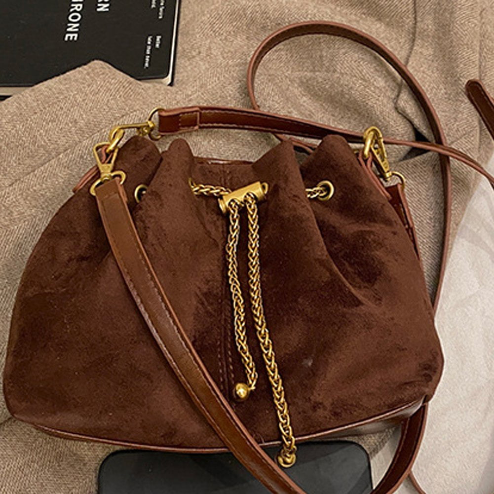 Jiibva Soft Suede Crossbody Bags Drawstring Bucket Purse For Women Thread String Women's Handbags
