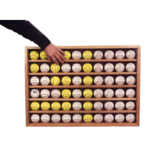 PENNZONI Baseball & Hockey Puck Display Case,Clear Acrylic Box, Holds 60 Balls, Glossy Oak