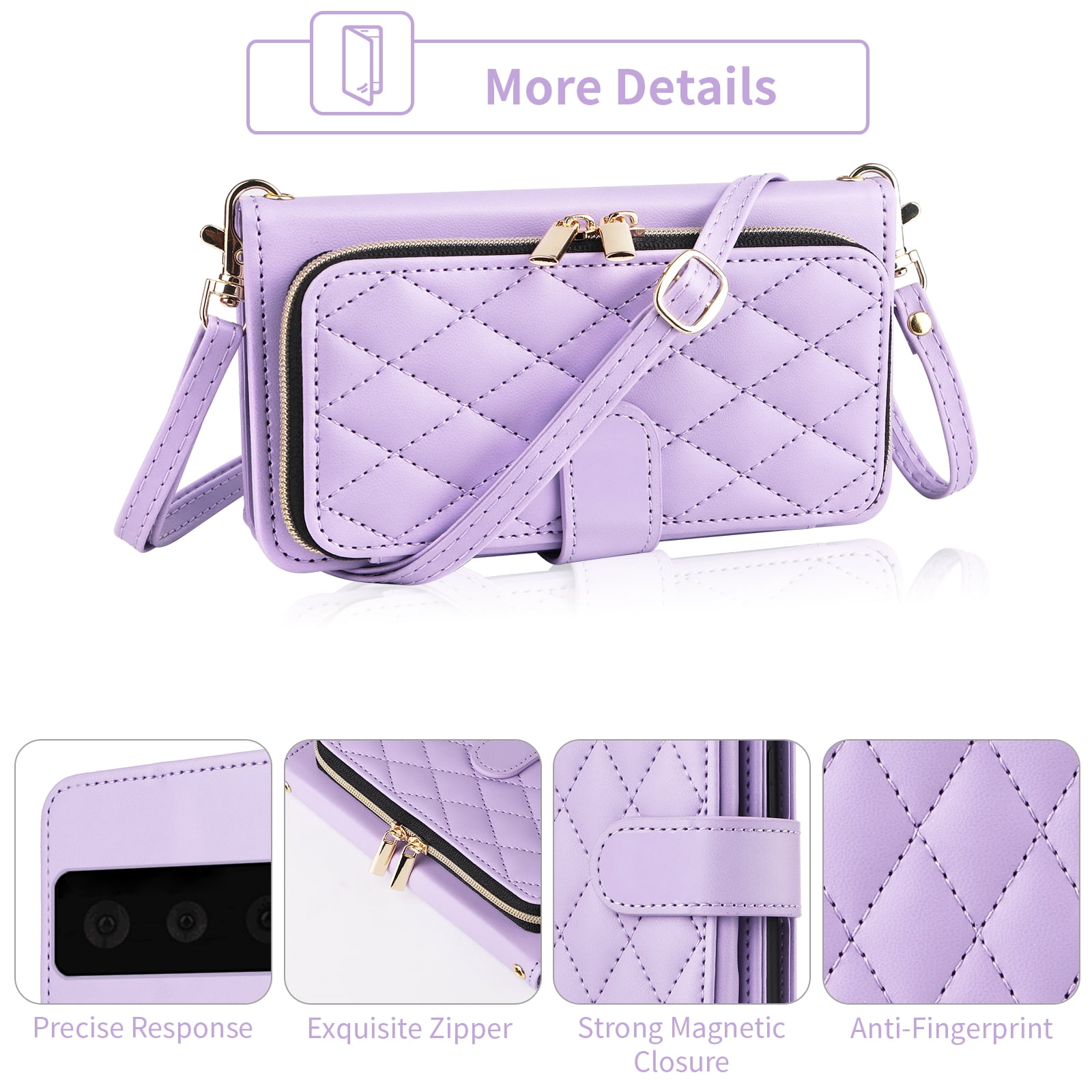 Furiet Wallet Case for Google Pixel 6 with Detachable Wrist/Crossbody Shoulder Strap Card Slots, Zipper Purse Luxury PU Leather Card Holder Stand Cell Phone Cover for Pixel6 Pixle Six Women Purple