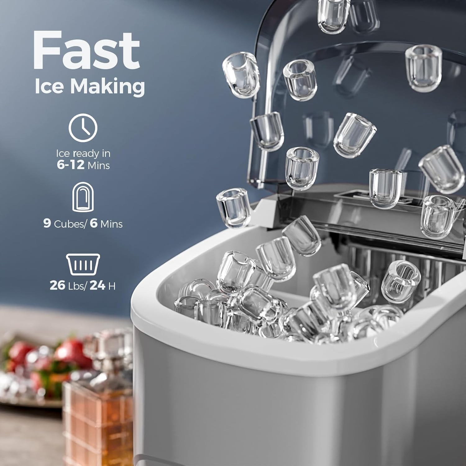 Countertop Ice Maker Machine, 26Lbs/24H, 9 Cubes in 6 Mins, Self-Cleaning, 2 Sizes Bullet Ice, Portable for Home Kitchen, Black