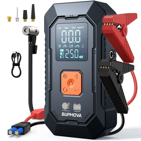 BUPMOVA Car Jump Starter & Air Compressor(150PSI), 5000A Peak Portable Jump Starter Battery Pack for All Gas/10L Diesel Engine, 12V Starter Jump Box, LCD Display, Power Bank, 3-Mode LED Light
