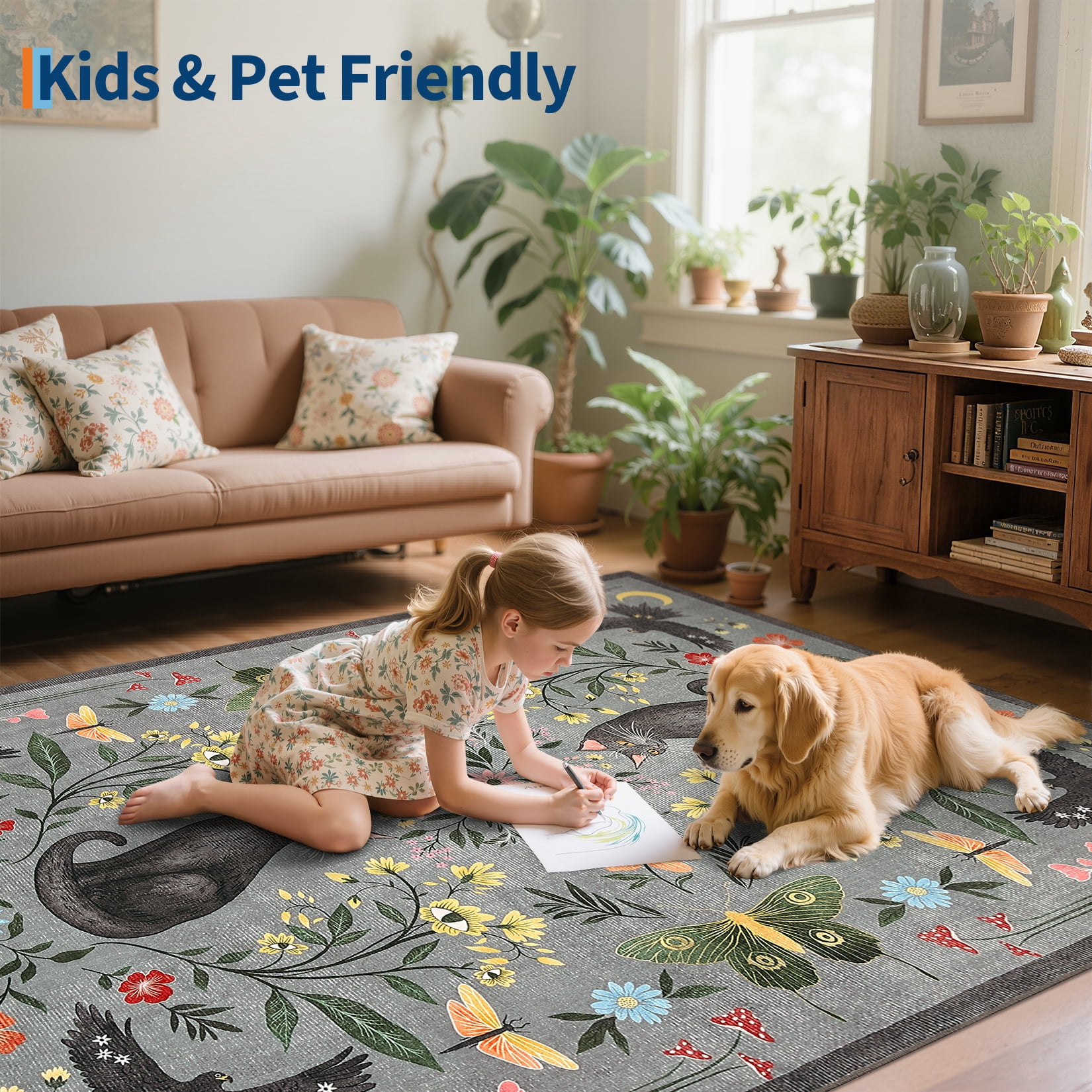 Garvee 5'x7' Boho Area Rug Cat Floral Pattern Carpet, Vintage Washable Rug Non-Slip Indoor Accent Carpet for Living Room Bedroom Home Office, Gray