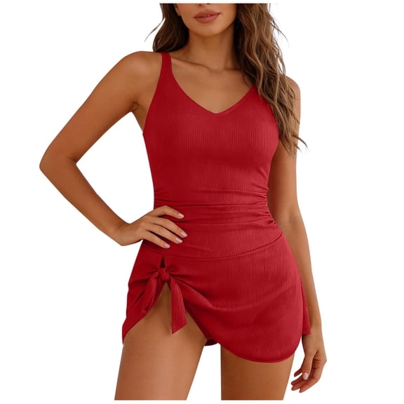 MGDXOX Womens Ribbed Swimdress Tummy Control One Piece Swimsuit Wrap Bathing Suit Side Slit Solid Swimwear Swim Suit Red XXL