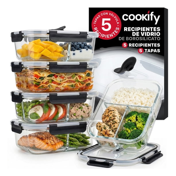 Set 5 Contenedores De Vidrio con Divisiones Recipientes Herméticos Cookify | Tapas Con Válvula | Aptos Para Horno Y Congelador | Sin Bpa