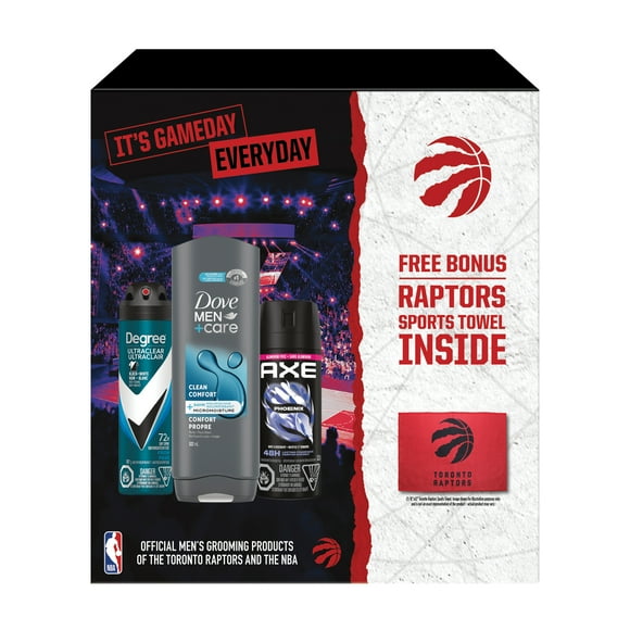 Degree Men Grooming Gift Set for Men with Degree Dry Spray Antiperspirant, AXE Deodorant Body Spray, and Dove Men+Care Body & Face Wash Raptors Basketball Bonus Sports Towel