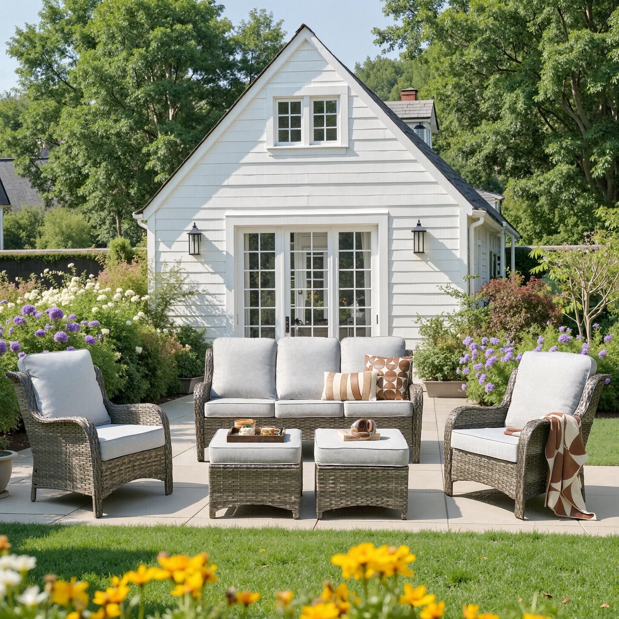 Ovios 5-Piece High Back Patio Outdoor Furniture All-Weather Wicker Conversation Set with Ottomans, Gray