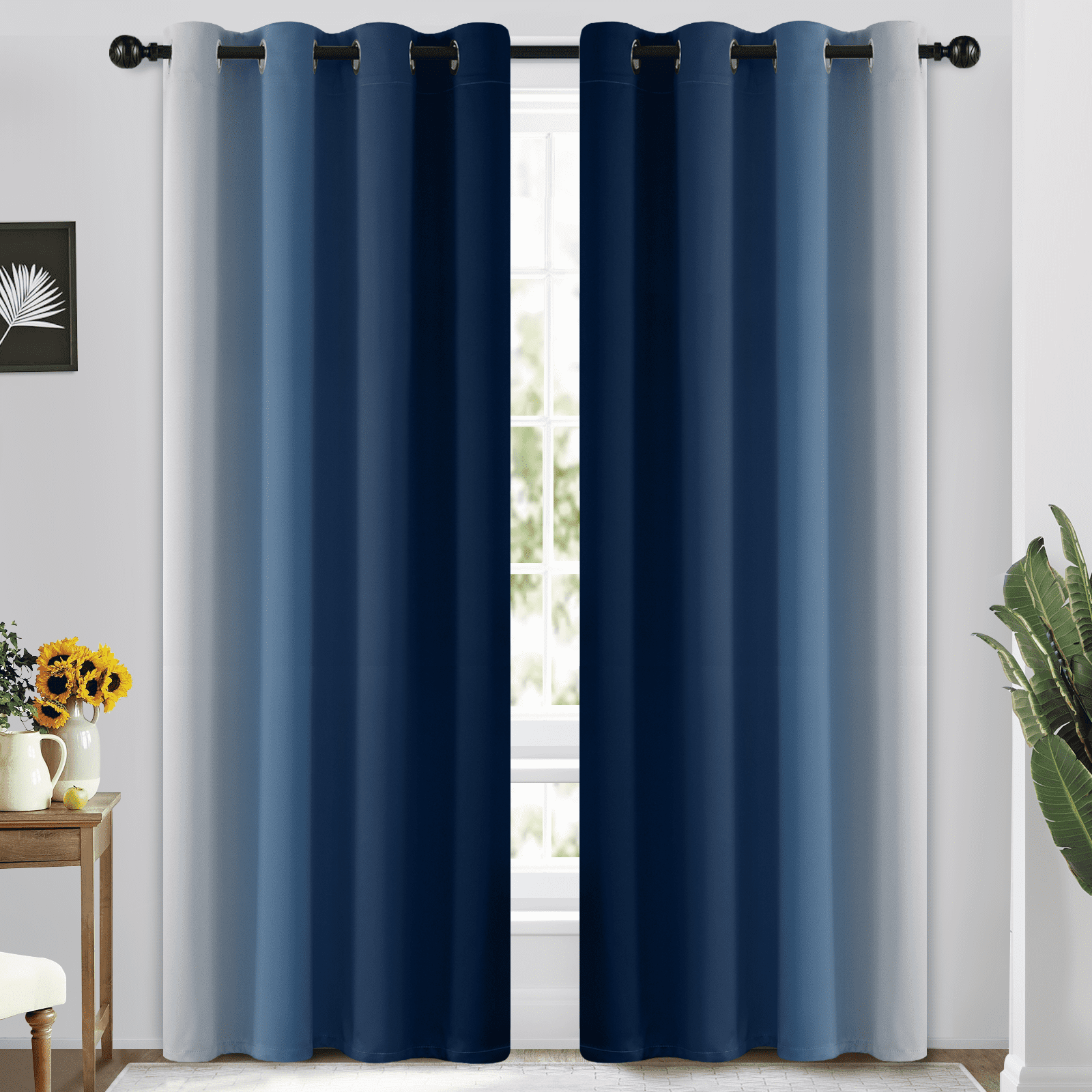 Yakamok Light Blocking Blackout Ombre Blue Curtains for Bedroom,Room Darkening Grommet Window Drapes for Living Room, 52x84 inches, 2 Panels