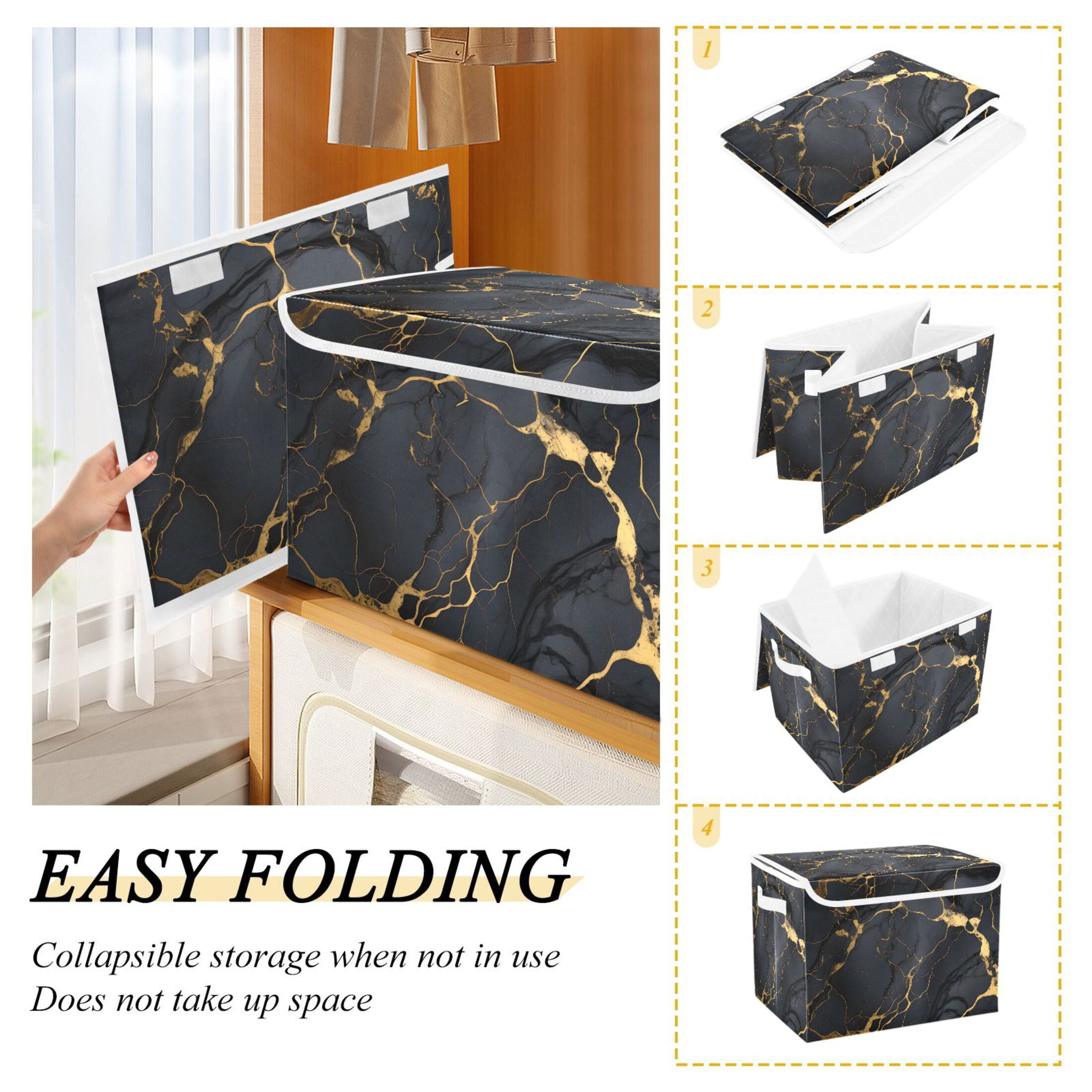 Black and Golden Marble Large Lidded Bin Foldable Storage Baskets Boxes Cubes Lids with 2 Handles for Home Bedroom Office 16.5x12.6x11.8inch