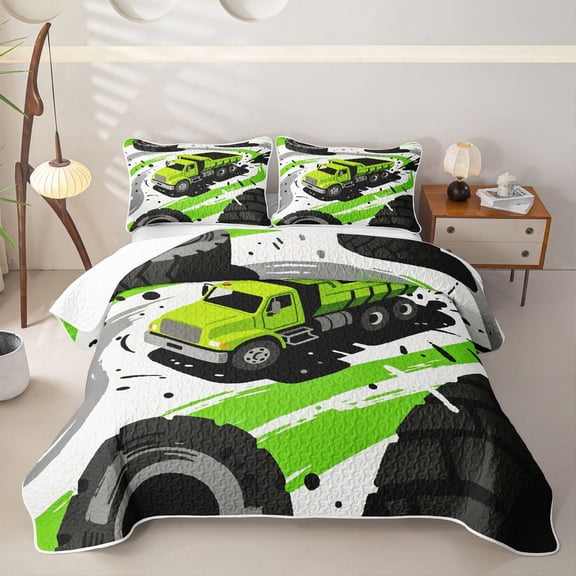 Manfei Cute Garbage Truck Twin Quilt Set,Boys Friendly Print Twin Coverlet Set,Green,2 Pieces
