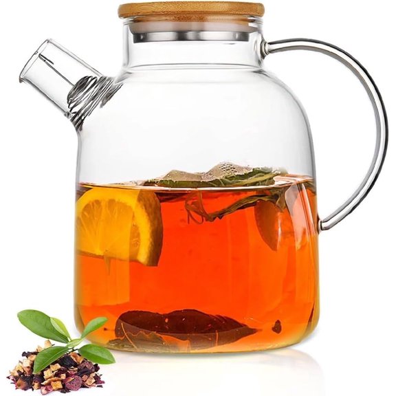 60.8oz/1800ML Glass Teapot, Stovetop & Microwave Safe Glass Borosilicate Tea Pot,Clear Teapot with Strainer, Glass Tea Kettle with Wooden Lid, Loose Leaf、Fruit Tea and Fragrant Tea