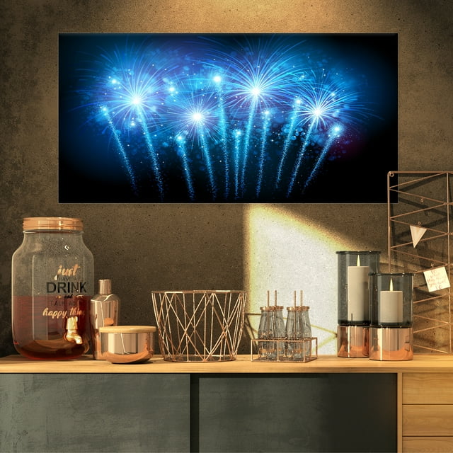 Blue Fireworks at Night Sky - Skyline Photography Canvas Art