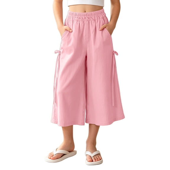 ZHOGXU Kids Child Girls Summer Capri Pants Elastic Waist Solid Color Wide Leg Breathable Lightweight Fashion Trousers With Pockets For Casual Daily Wear ,Red,10-11 Years