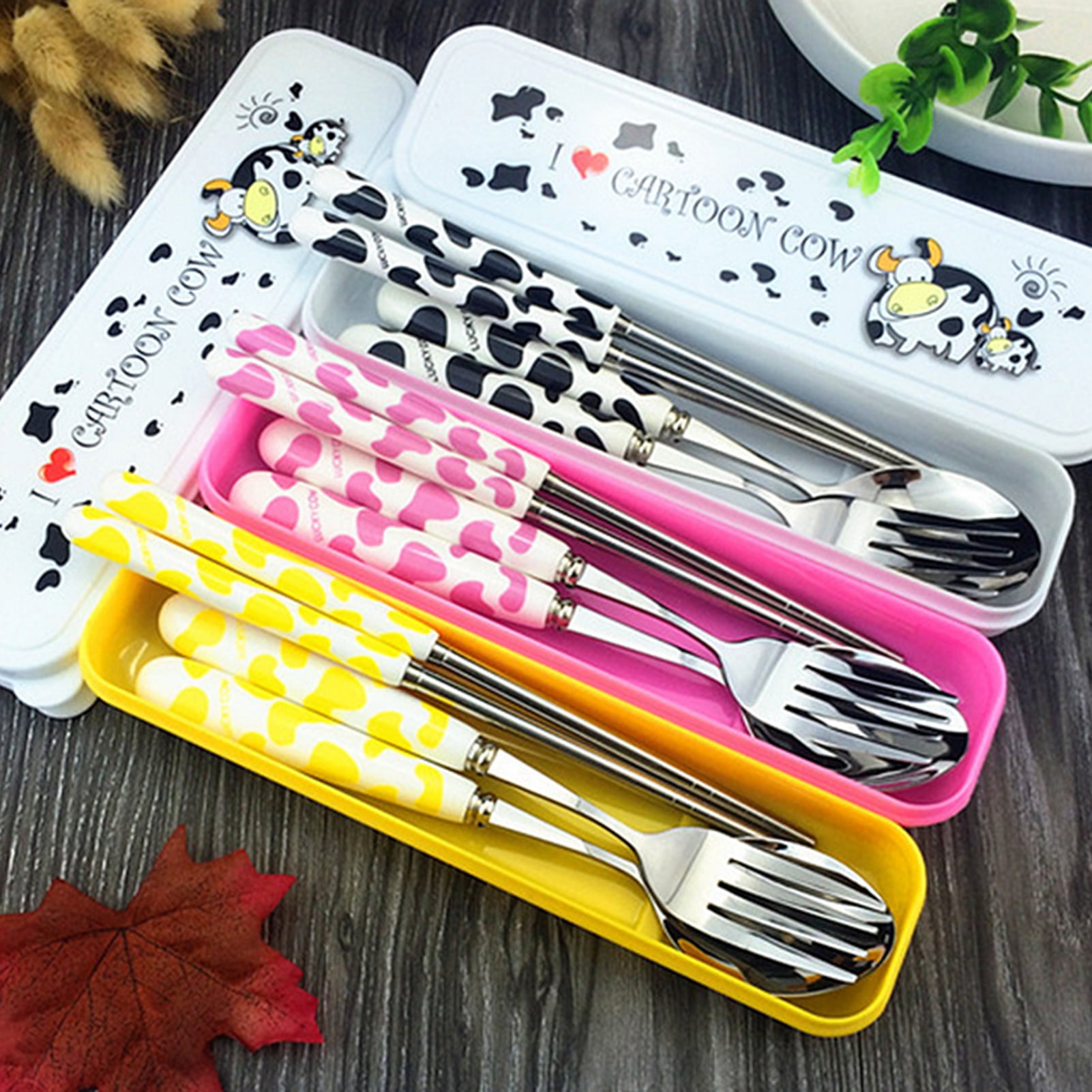 1Set Chopsticks Spoons Fork Stainless steel Lovely Cutlery with Case for Travel 