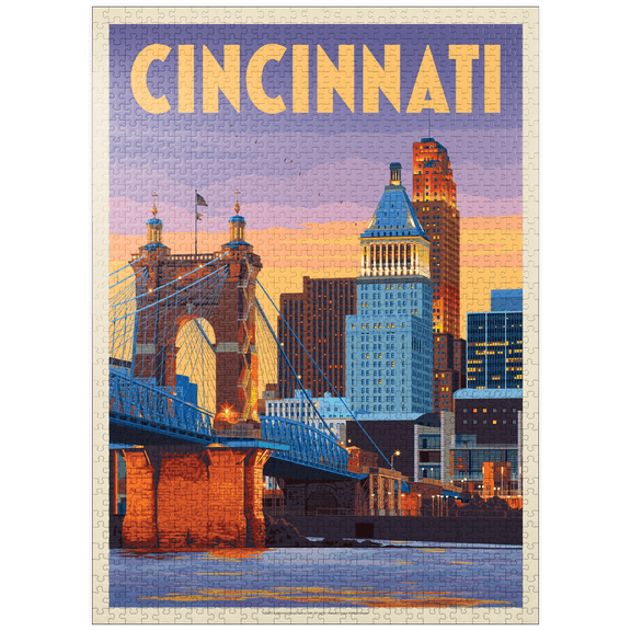MyPuzzle - Cincinnati, OH: Riverfront, Vintage Poster - Premium 1000 Piece Jigsaw Puzzle for Adults