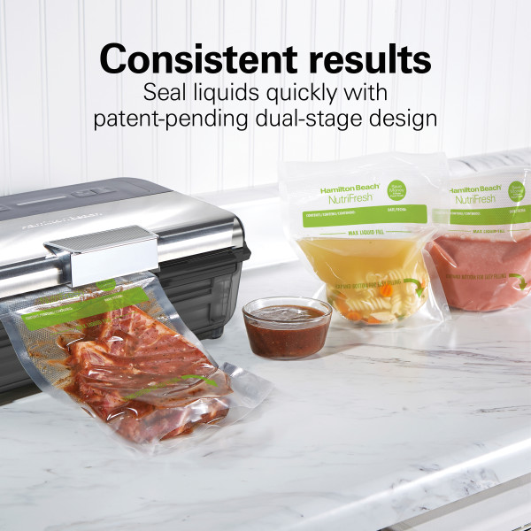 Hamilton Beach NutriFresh Food Vacuum Sealer Machine for Liquids and Food Preservation with 2-Roll Storage & Starter Kit, Model 78218
