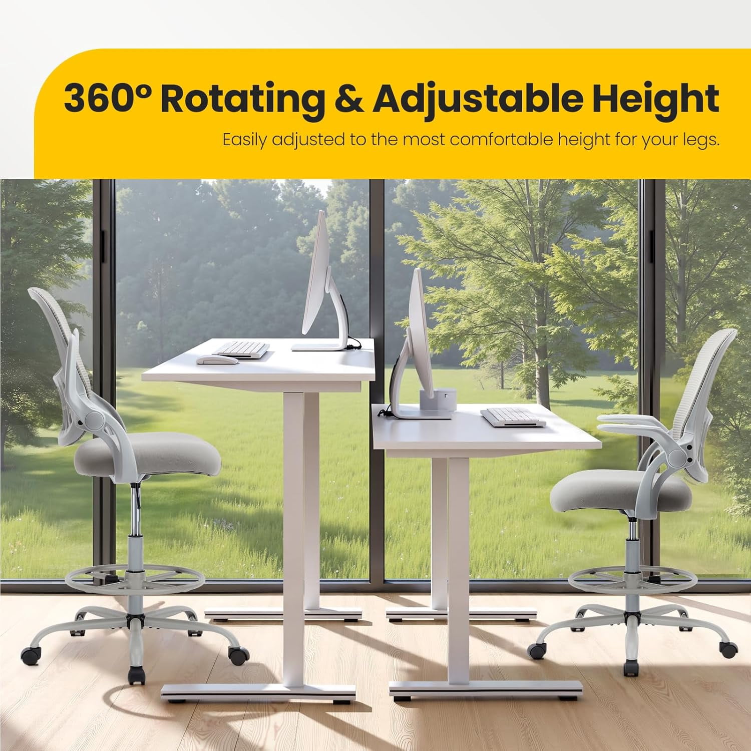 Nextay Tall Drafting Chair - Ergonomic Office Stool with Flip-Up Arms, Footrest & Lumbar Support