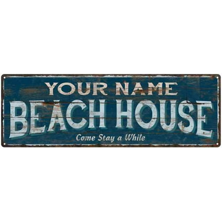 YOUR NAME Beach House Blue Rustic Cabin Home Decor 6x18 Metal