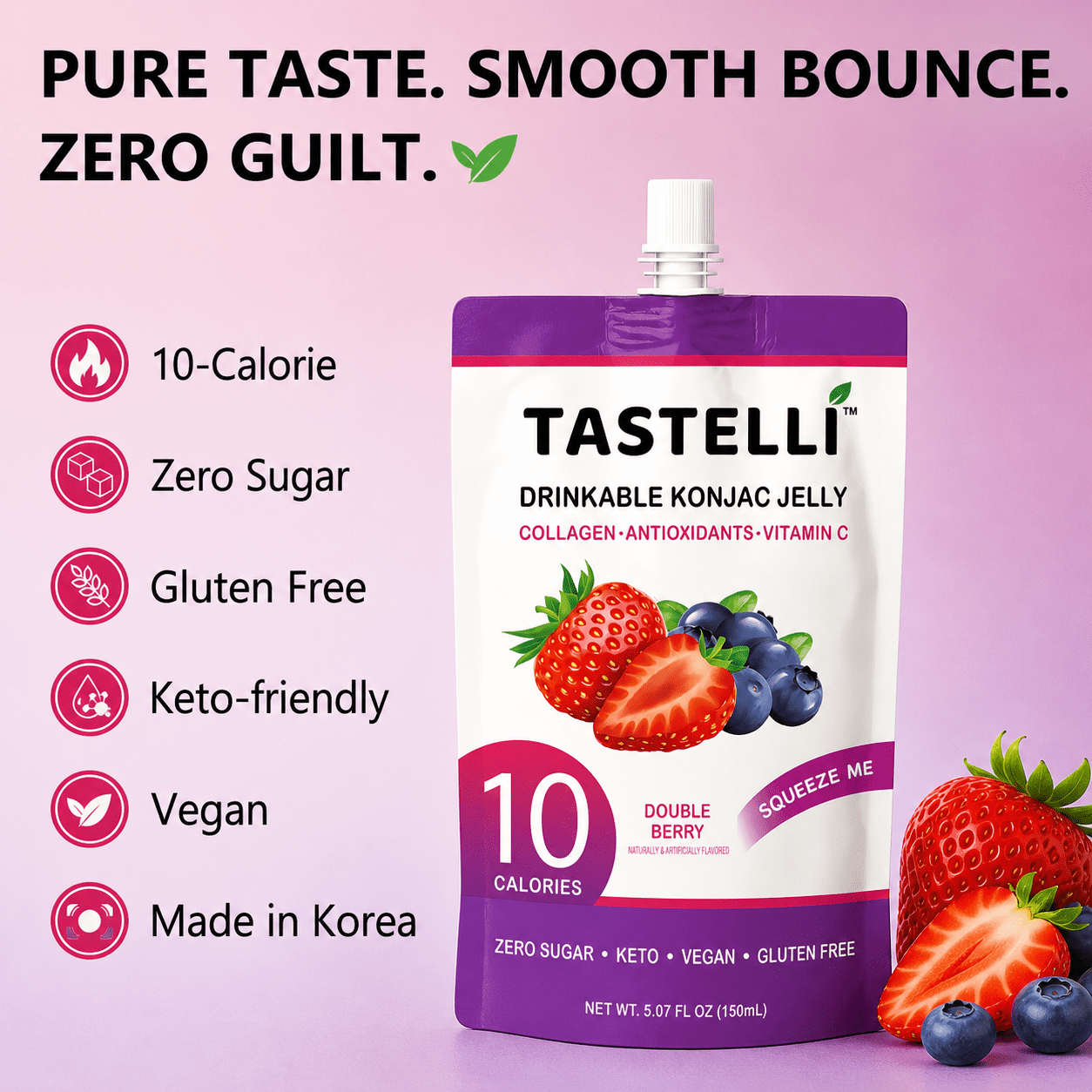 Tastelli Double Berry Konjac Jelly Infused with Collagen | Gluten Free, Sugar Free, Low Calorie | Vegan Drinkable Fruit Jelly Snack  | 10 Pouches