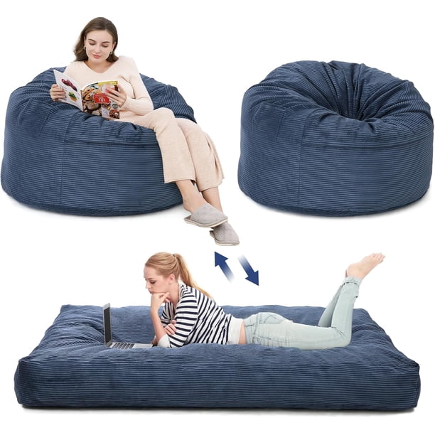 Qinaqin Giant Bean Bag Chair Cama Convertible Foam Filled Beanbag to Mattress Corduroy Cover Floor Sofá para Adults (Navy)