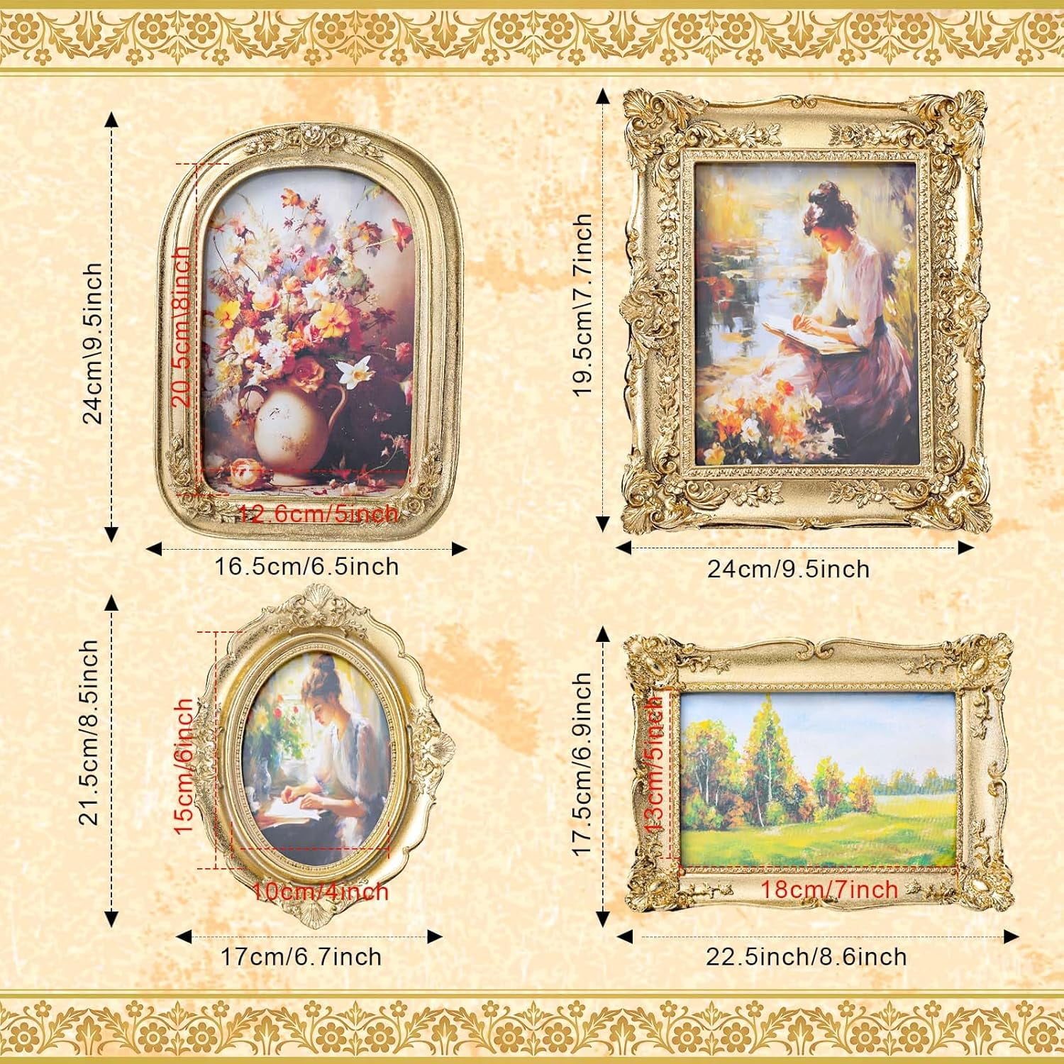 4 Pcs Gold Gothic Vintage Picture Frame Set Victorian Antique