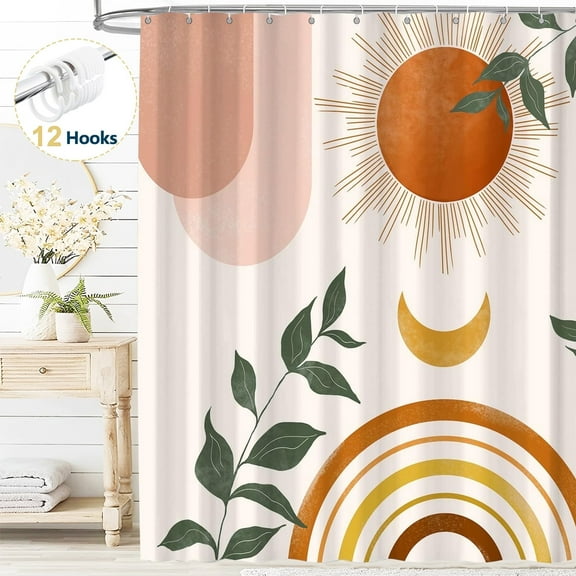 Dznils Boho Shower Curtain with Hooks, Modern Abstract Fabric Bathroom Curtain, 72" x 72", Beige