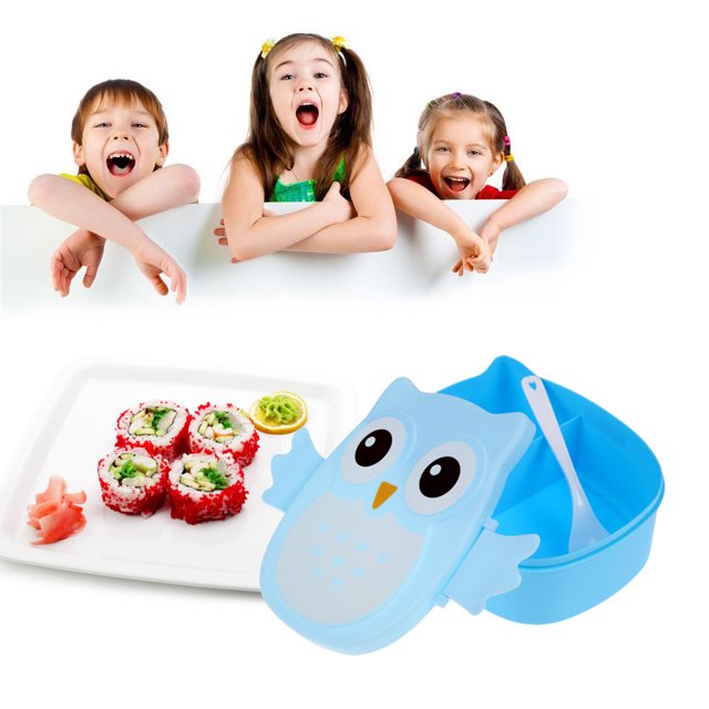 Batería de Cocina Contenedores Fiambrera de búho de dibujos animados, contenedor de almacenamiento de frutas y alimentos, caja Bento portátil (azul)