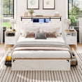 thumbnail image 7 of Aunfebrco Farmhouse Queen Bed Frame with 2 Drawers Queen Size Upholstered Platform Bed with LED Lights & Charging Station & Bookcase Headboard, Rustic Bed Frame for Bedroom, White, 7 of 7