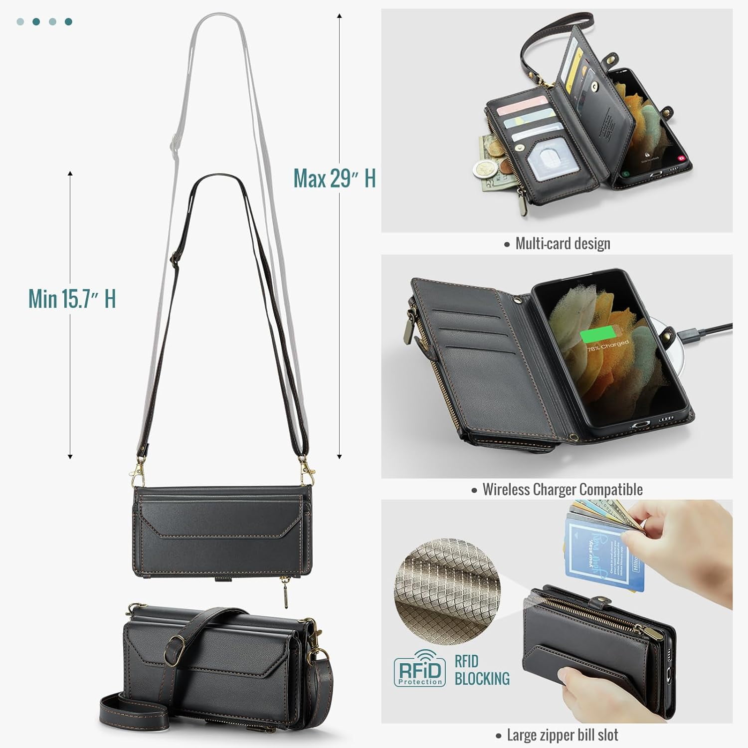 Phone Case for Samsung Galaxy S21 Ultra 5G Zipper Wallet Cover with Tempered Glass Screen Protector and Flip RFID Blocking Cash Card Holder Cell S21ultra 21S S 21 21ultra G5 Women Girls Black