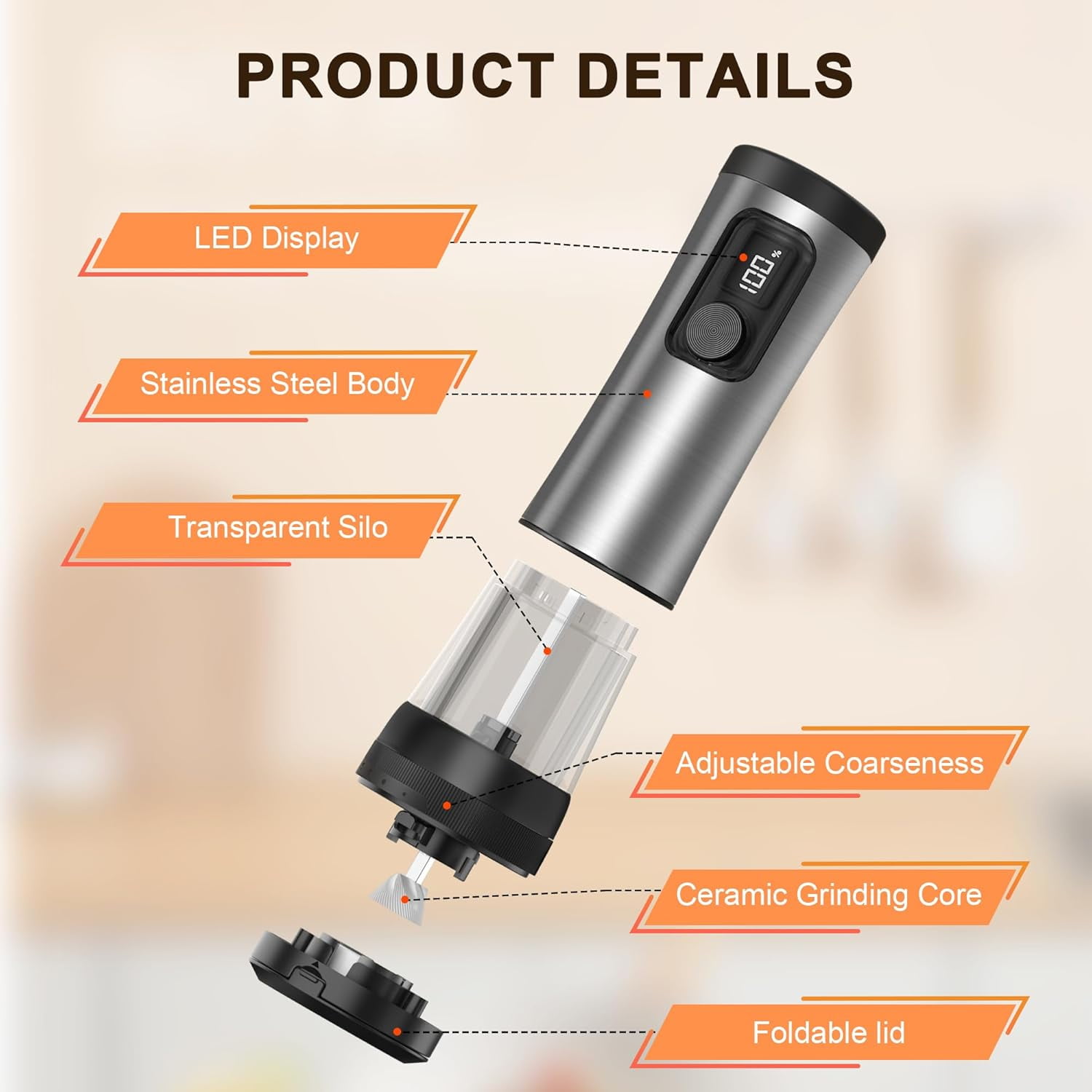 Electric Salt and Pepper Grinder Set - Automatic Rechargeable Pepper Mill with LED Battery Display & USB-C Charging Base, 5-Level Adjustable Coarseness Stainless Steel Spice Shakers for Kitchen, Dini