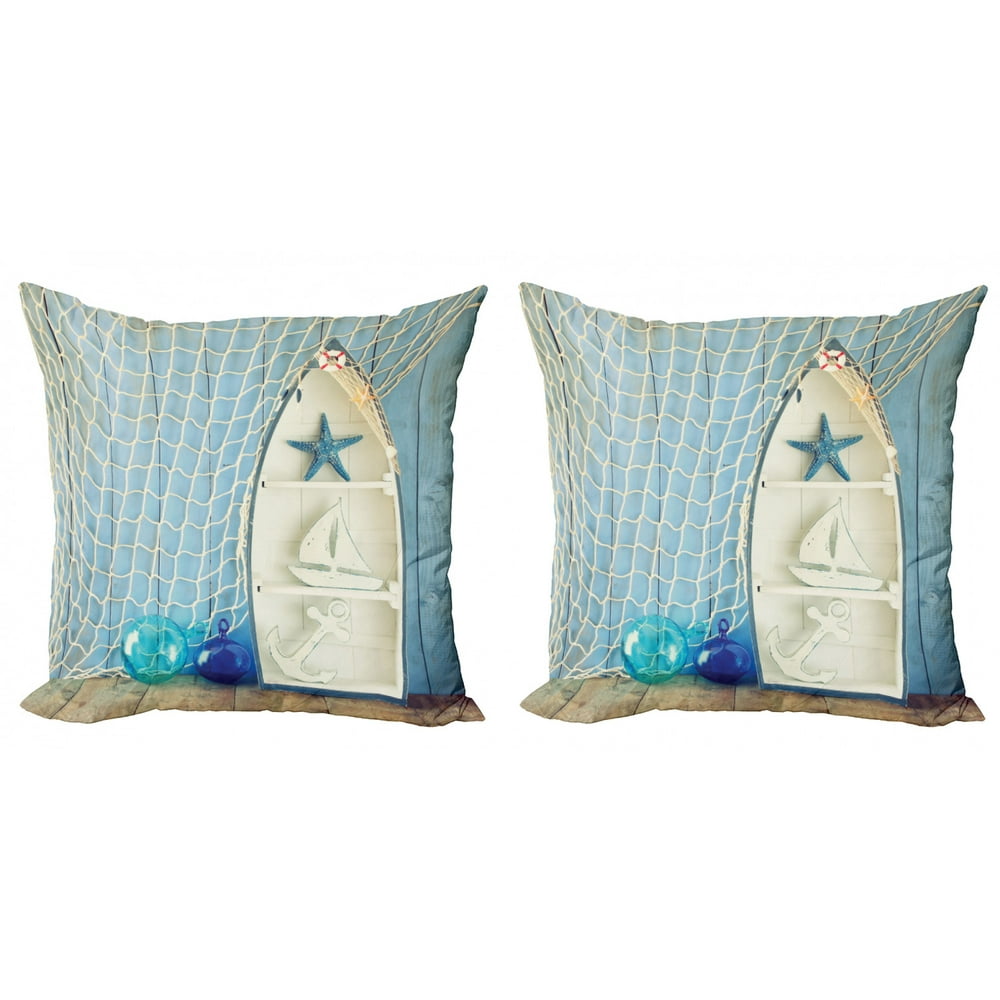 Nautical Throw Pillow Cushion Cover Pack of 2, Sea Objects on Wooden