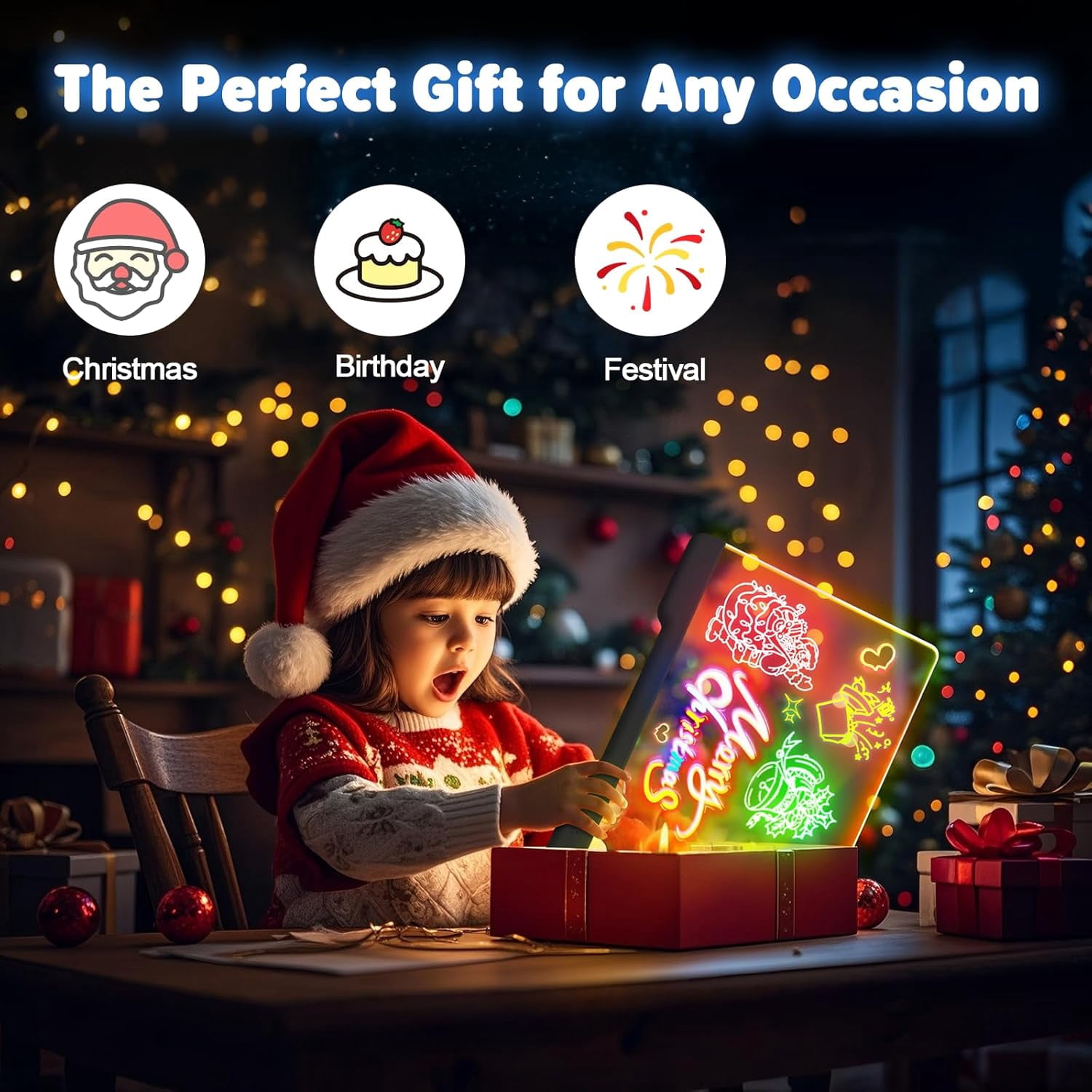 Rechargable "13.7"X10" LED Light-Up Dry Erase Board with 9-Color Neon Doodle Glow Drawing, Touch Control & Stand - Night Light up for Kids Room/Office/Gift, Includes 5 Markers (Black)