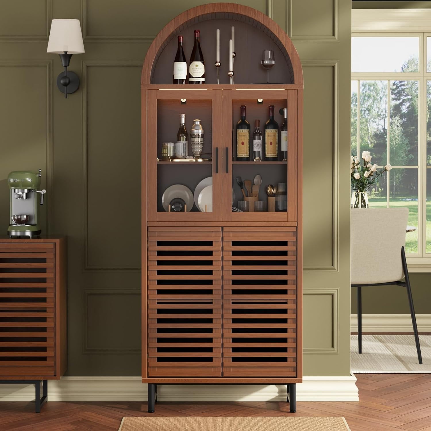 Vabches Arched Kitchen Pantry Storage Cabinet, 78" Tall Fluted Cabinet with LED Lights 2 Glass Doors for Kitchen, Living Room, Bedroom