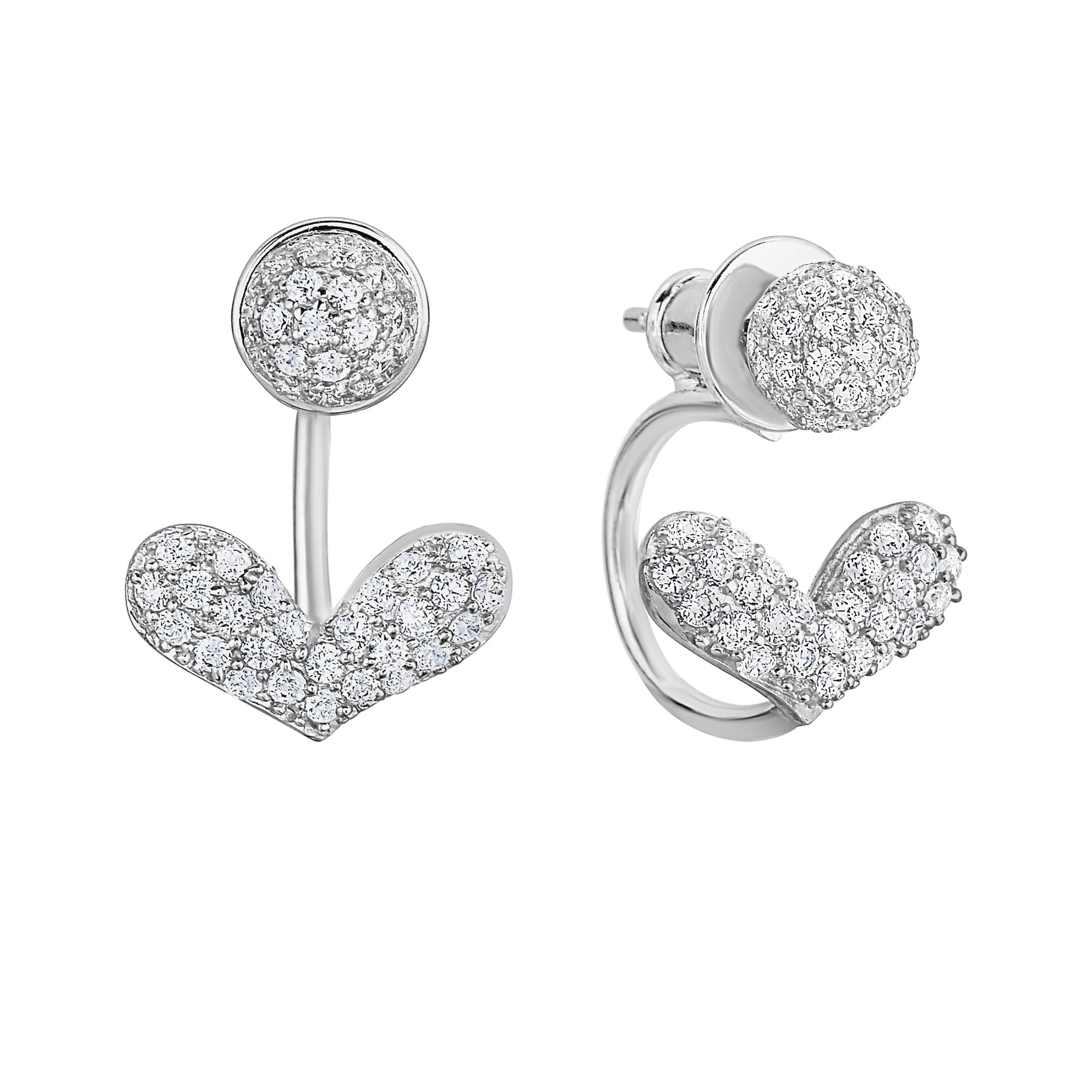 Tilo Jewelry Solid 925 Sterling Silver Pave Heart CZ Ear Jacket Stud Earrings | Everyday Earrings for Women & Unisex