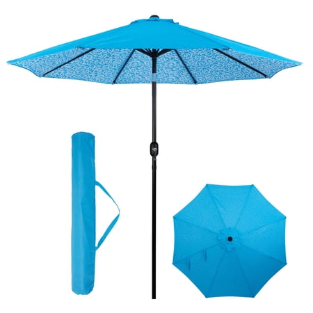 Backyard Expressions 9 Ft Patio Umbrella with Push Button Tilt and Crank System - UV Resistant Polyester Fabric, Market Umbrella with 8 Sturdy Ribs - Light Blue Double Sided