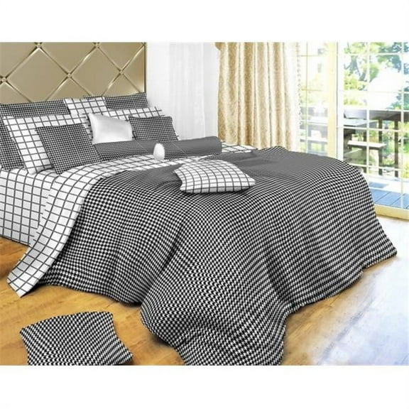 Black and White Check Luxury 6 Piece Duvet Cover Set, Queen