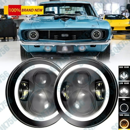 2x For Chevrolet Nova 1969-79 7'' Round LED Headlights Hi-Lo Beam Halo DRL