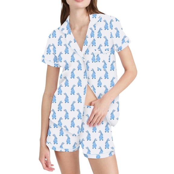 Yuncity Womens Easter Day Pajamas 2 Piece Short Sleeve Cute Bunny Print Button Down Shirt With Shorts Set Silk Satin Sleepwear Loungewear Soft Comfortable Breathable Pjs S-Xxl