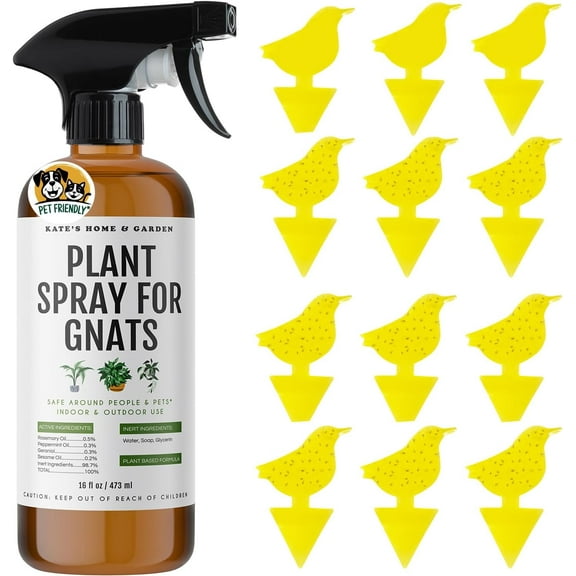 Plant Spray for Insects & Getting Rid of Gnats with 12 Sticky Traps. Fungus Gnat Killer & Bug Spray for Indoor Plants (16oz, Pet Safe, Non Toxic)