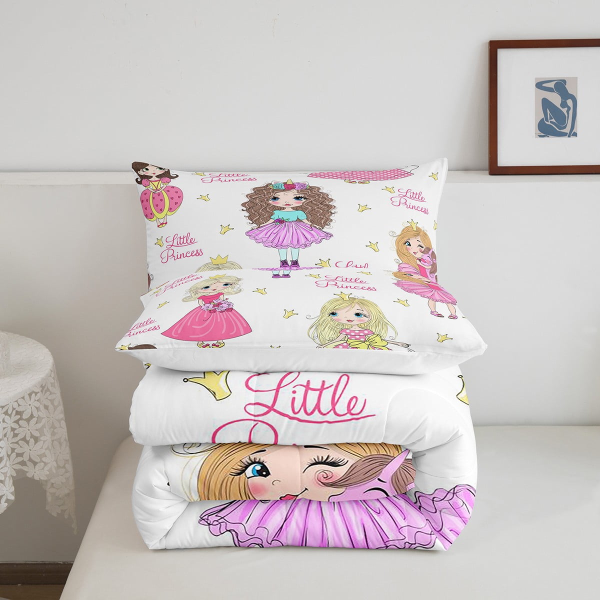YST Kids Comforter Set Full for Girls Kawaii Princess Bedding Comforters Sets 3 Piece Cute Cartoon Girl Duvet White Pink Super Cozy Microfiber