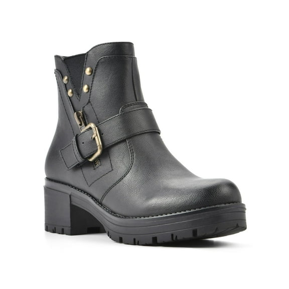 WHITE MOUNTAIN Womens Black 1" Platform Goring Cushioned Buckle Accent Studded Rufus Round Toe Block Heel Zip-Up Moto 10 M
