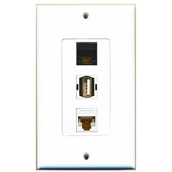 RiteAV - 1 Port USB A-A and 1 Port Cat6 Ethernet White and 1 Port Cat6 Ethernet Black Decorative Wall Plate Decorative