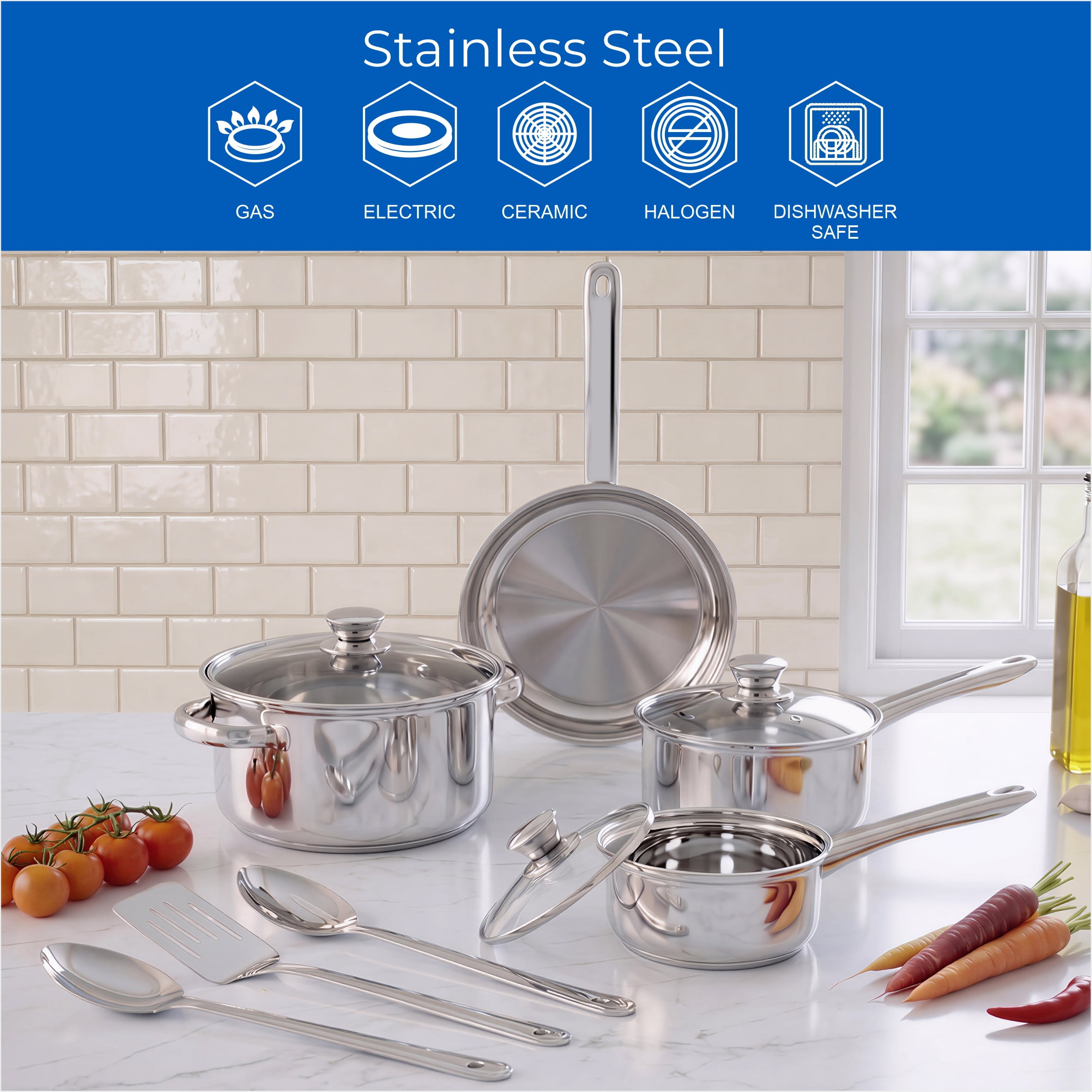 Mainstays Stainless Steel 10-Piece Cookware Set with Lids and Utensils