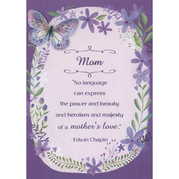 Designer Greetings No Language Can Express: Sparkling 3D Die Cut Purple Butterfly, Purple Gems on Purple Flowers Hand Decorated Mother's Day Card for Mom